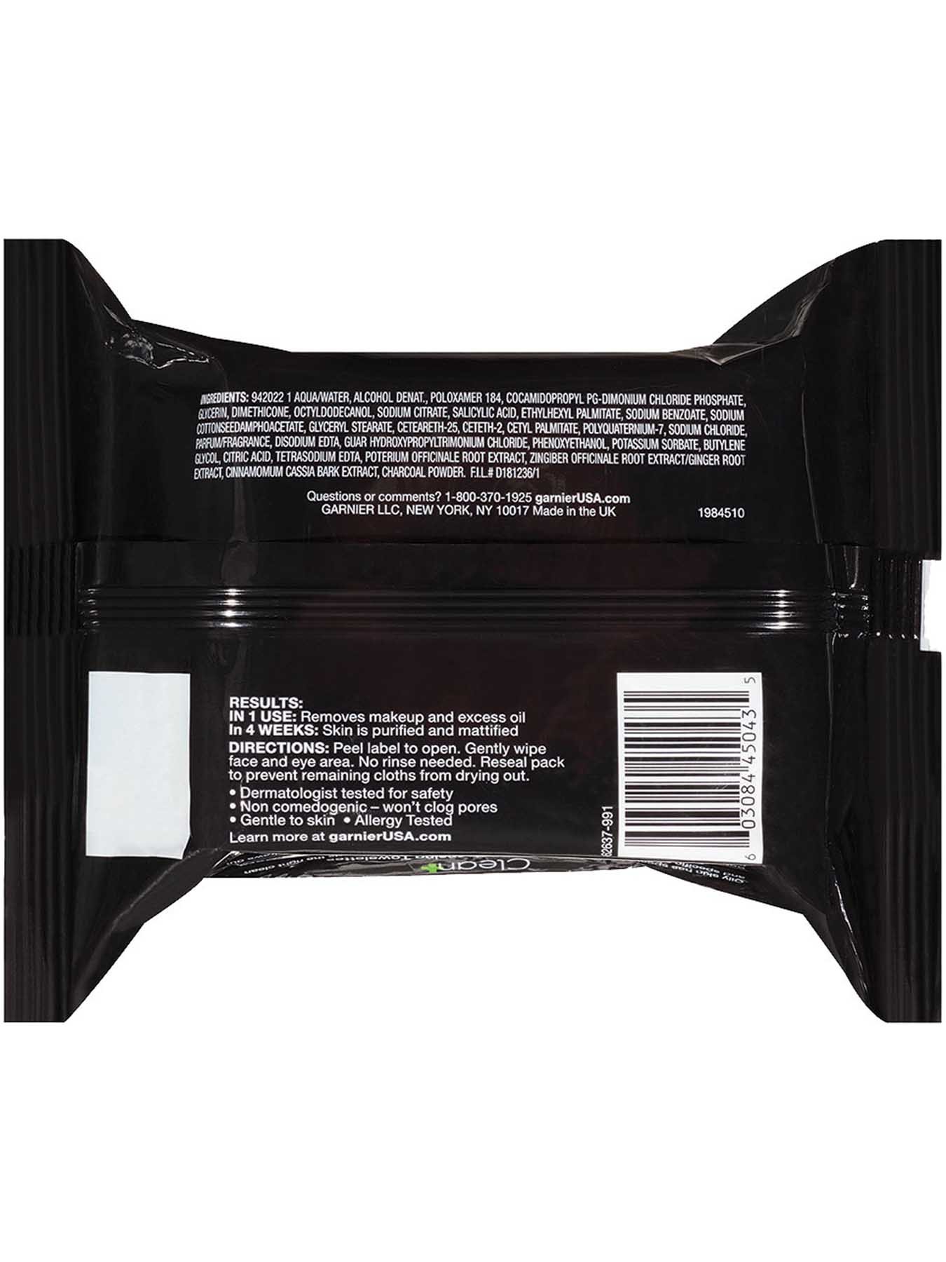Back view of Clean+ Purify Oil-Free Cleansing Towelettes, Oily Skin, Oil-Free Charcoal.